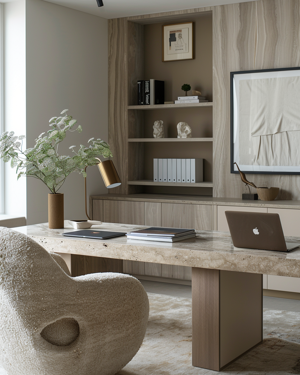 warm office space with travertine desk and macbook