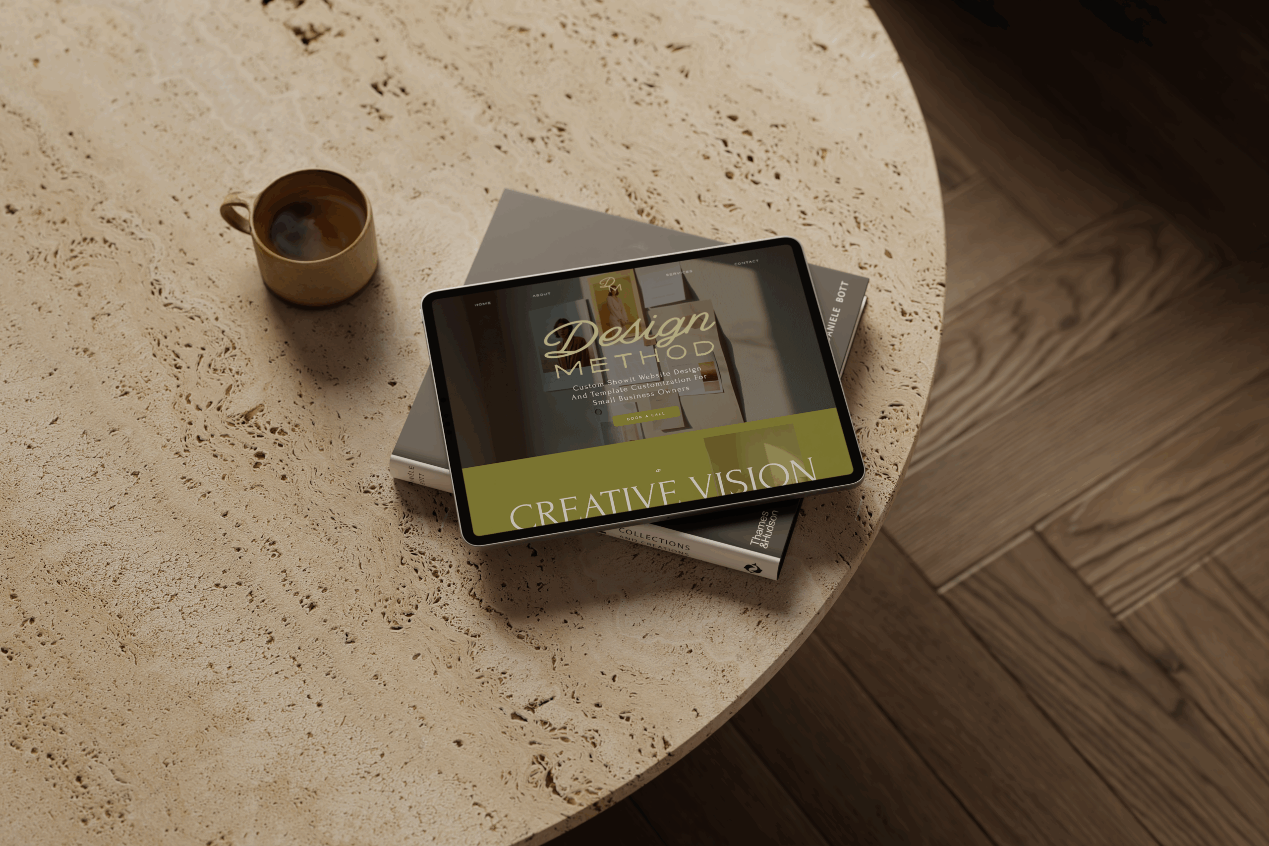 ipad on coffee table with design method website